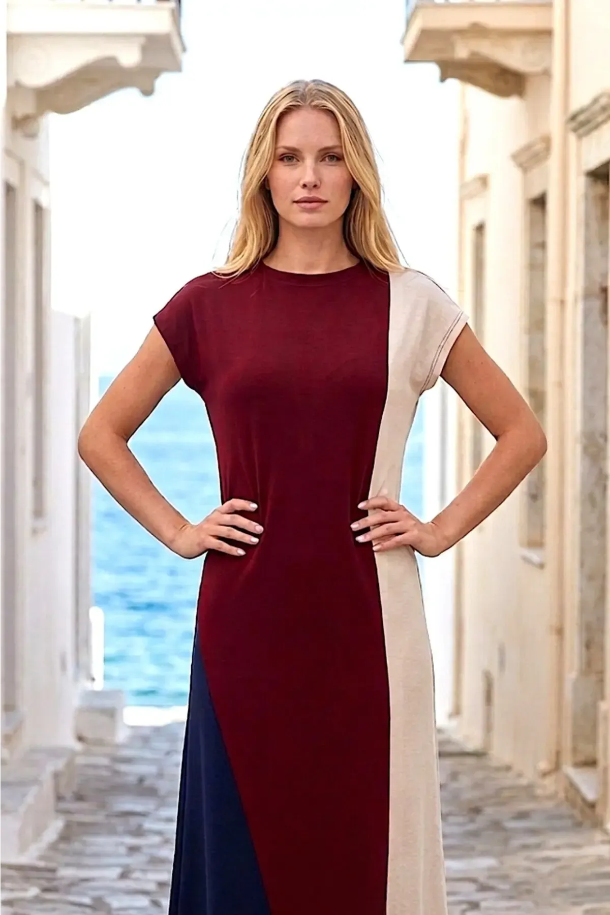 Bordo Şeritli Blok Detay Modal Kumaş Elbise