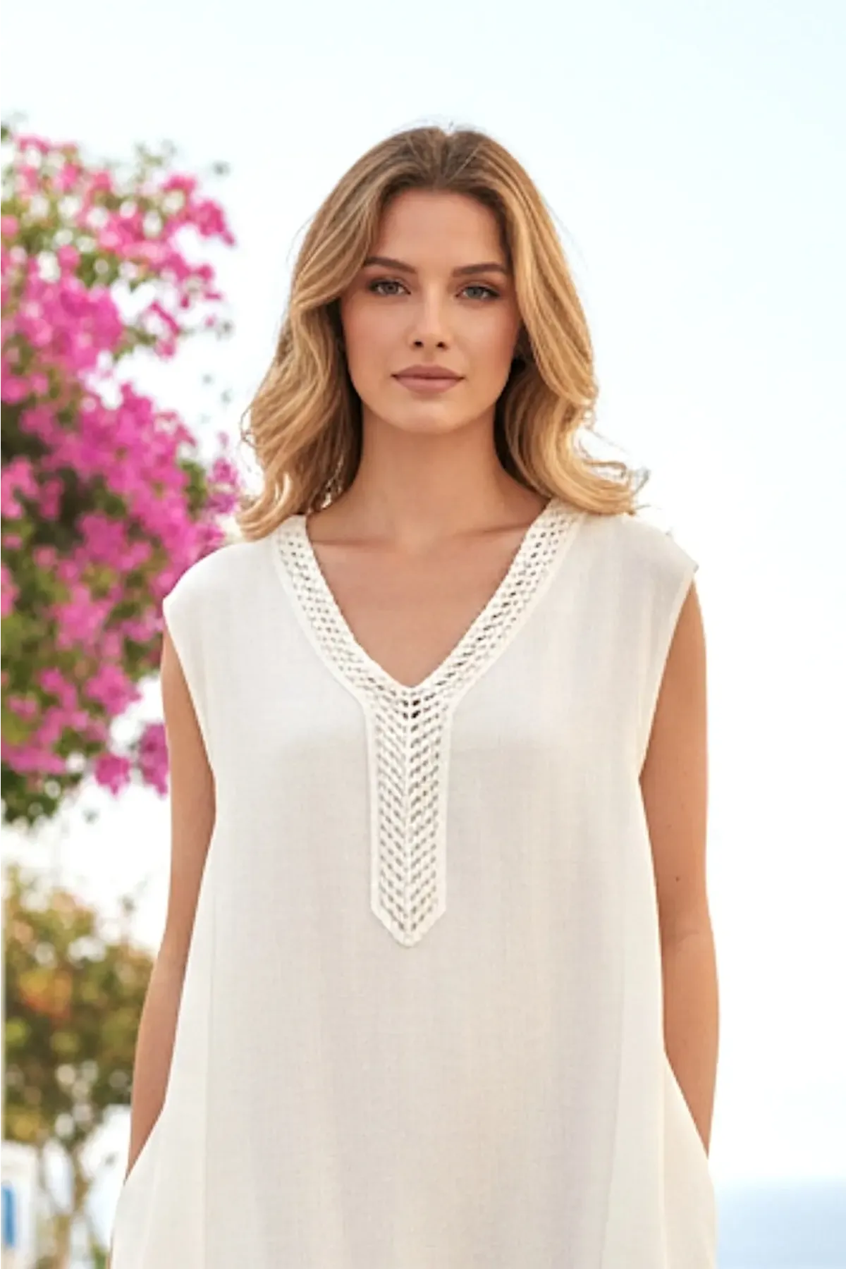 Kadın Dantel Detaylı Keten Elbise