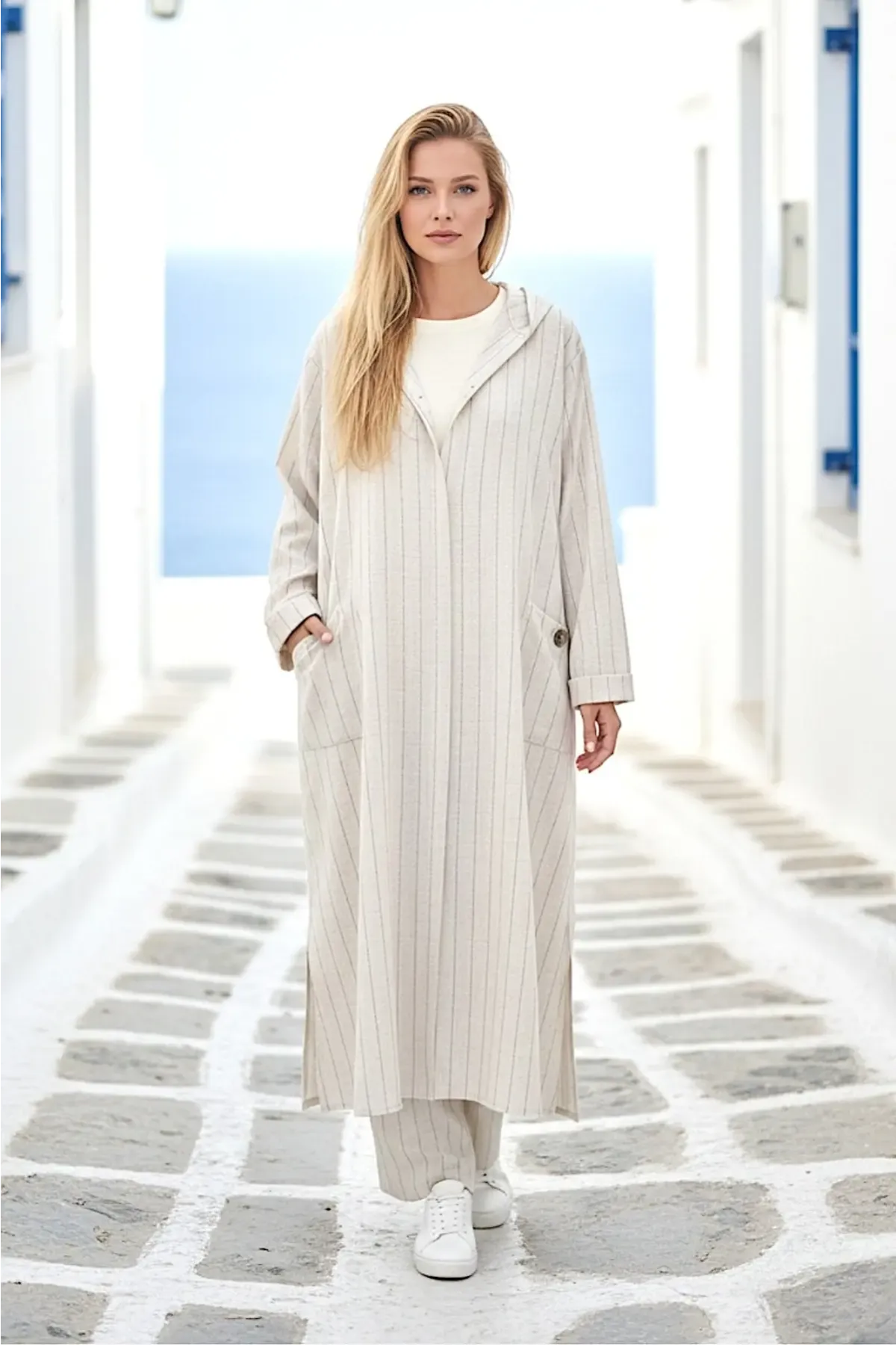 Kadın Siyah Çizgili Kapşonlu Uzun Keten Takım