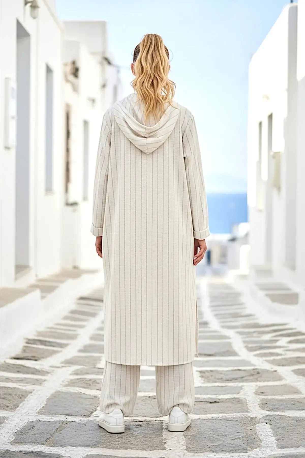 Kadın Siyah Çizgili Kapşonlu Uzun Keten Takım