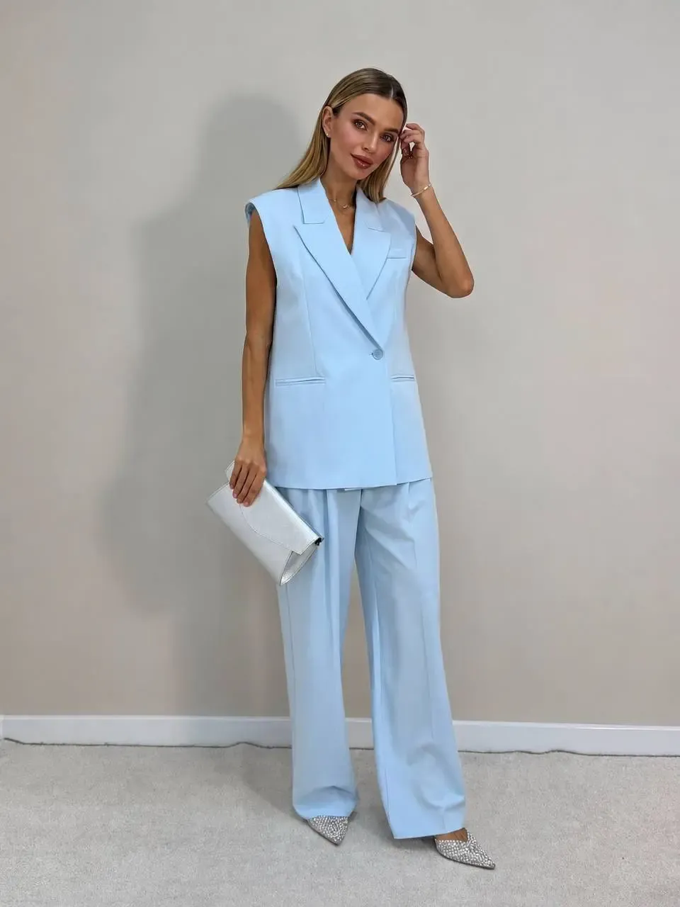 Vatkalı Blazer Yelek ve Pantalon Takım Mavi
