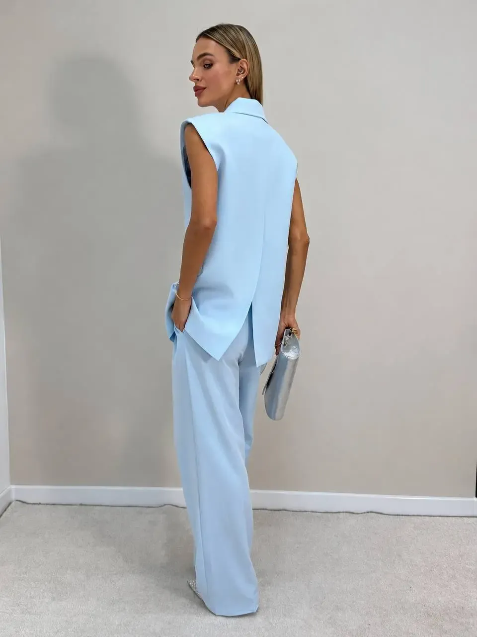 Vatkalı Blazer Yelek ve Pantalon Takım Mavi