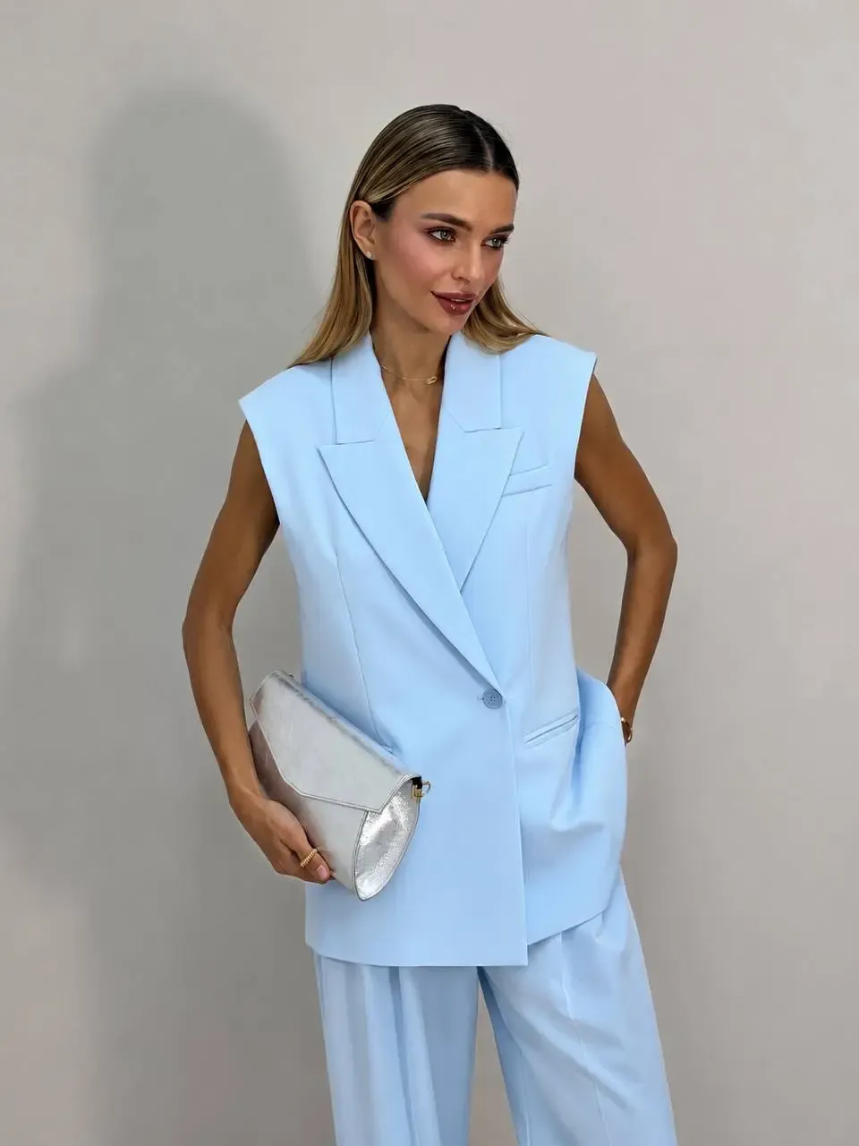 Vatkalı Blazer Yelek ve Pantalon Takım Mavi
