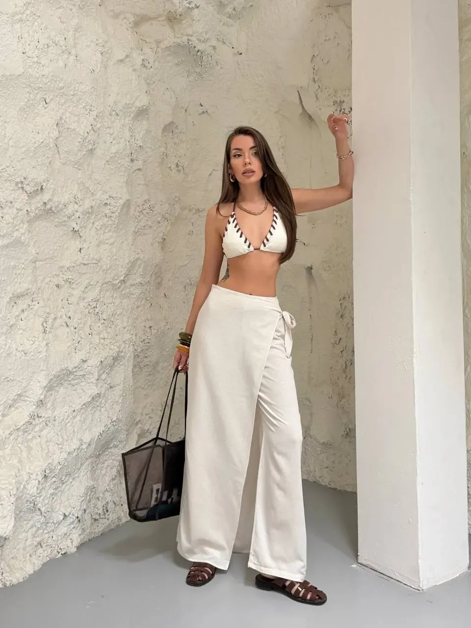 Viskon Keten Bağlama Detay Pantalon Ekru