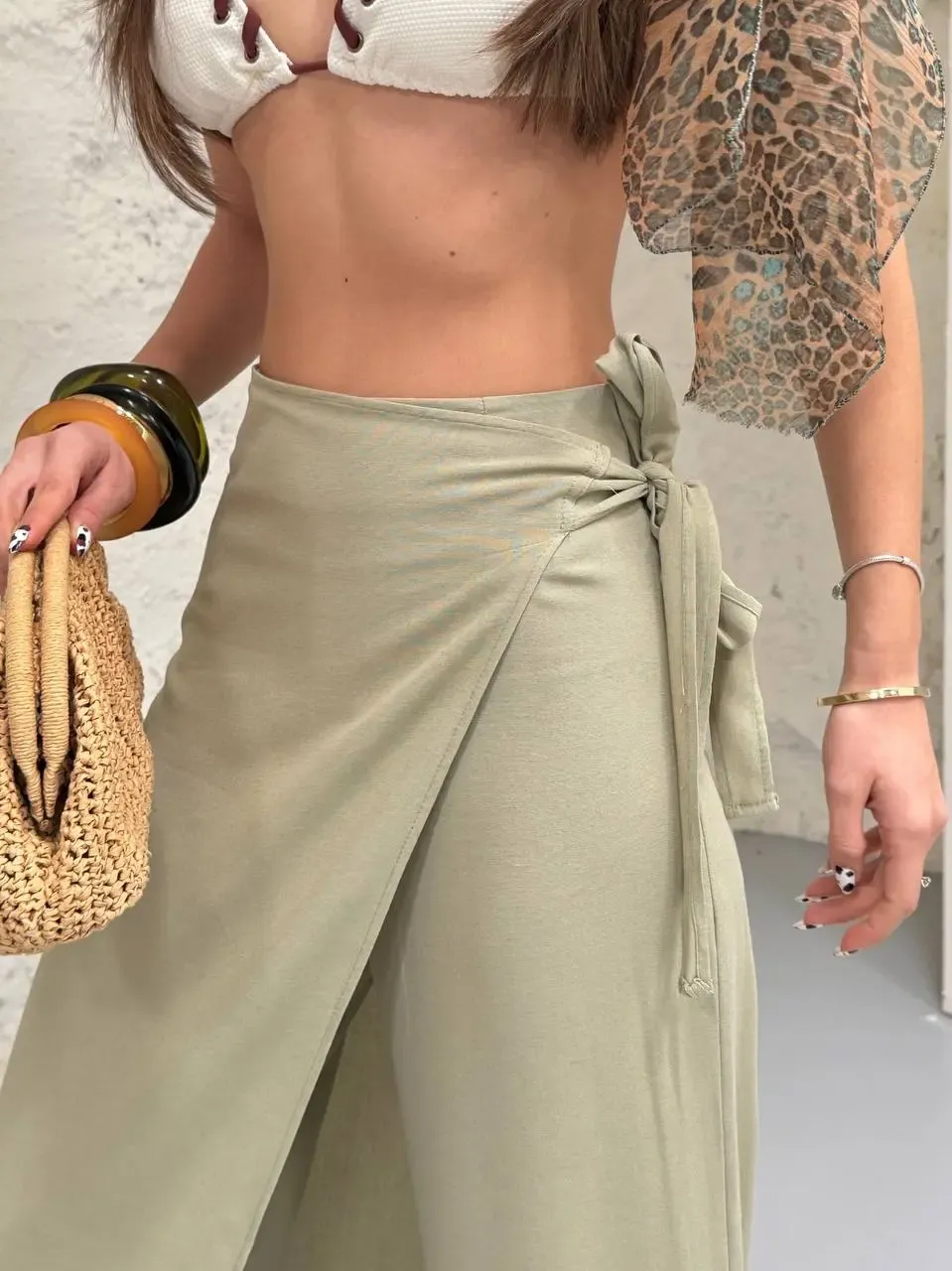 Viskon Keten Bağlama Detay Pantalon Haki