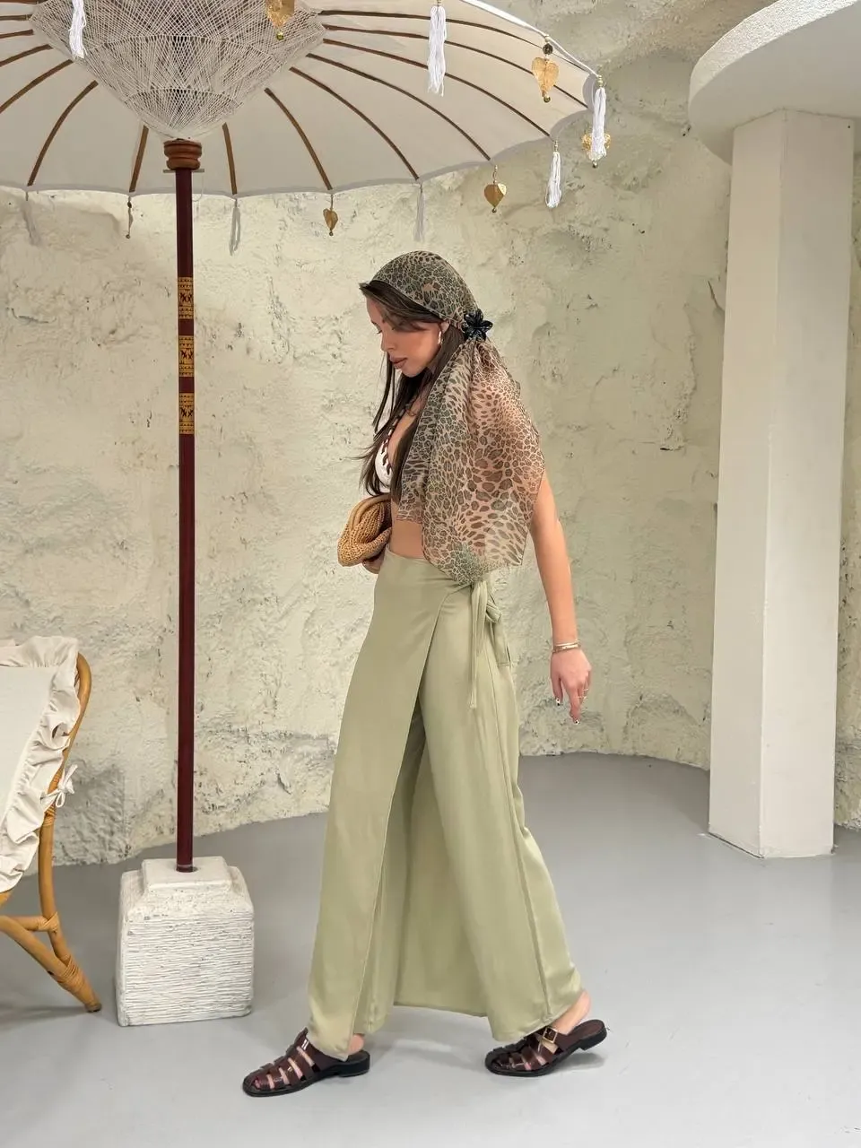 Viskon Keten Bağlama Detay Pantalon Haki