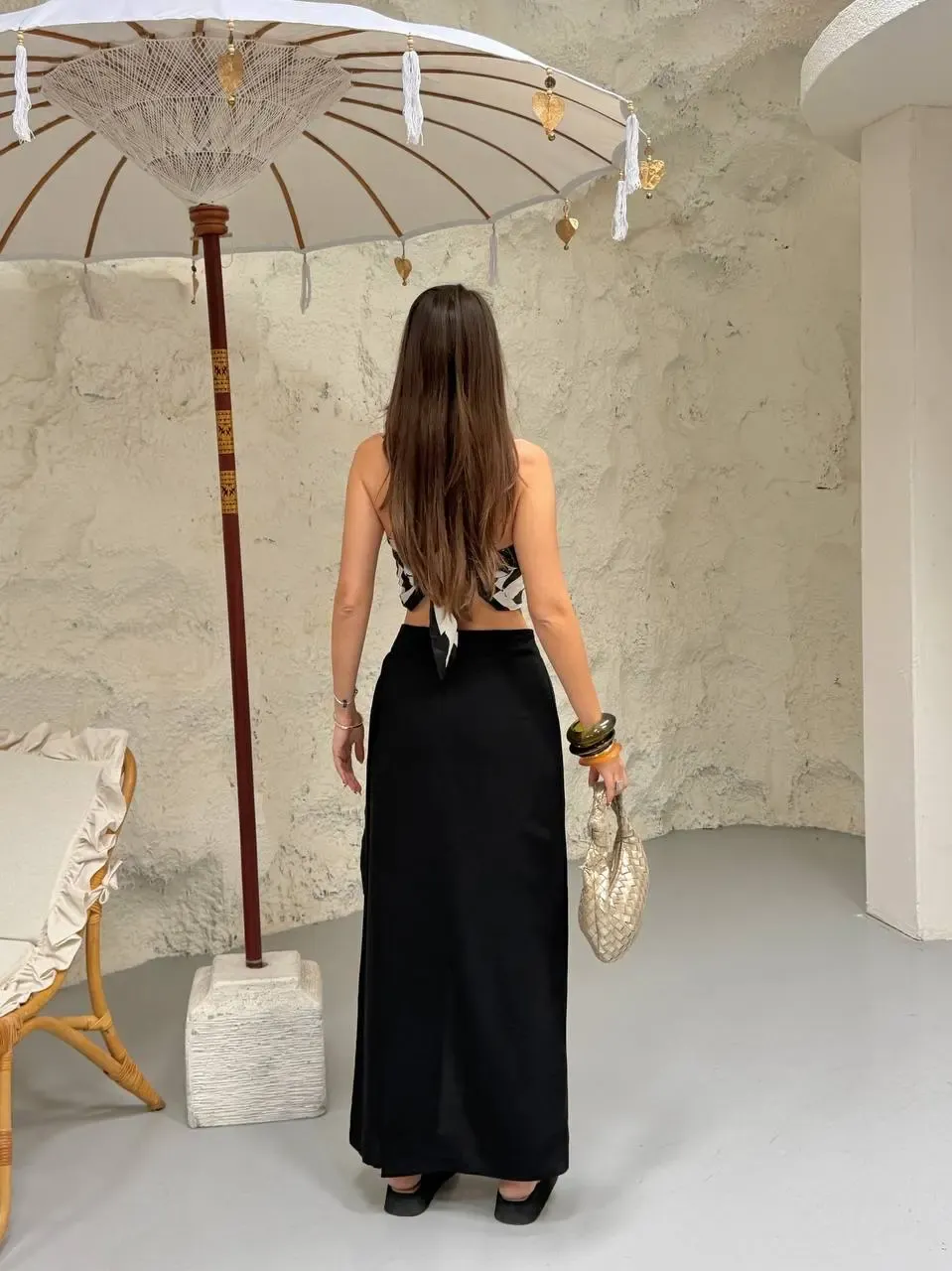 Viskon Keten Bağlama Detay Pantalon Siyah