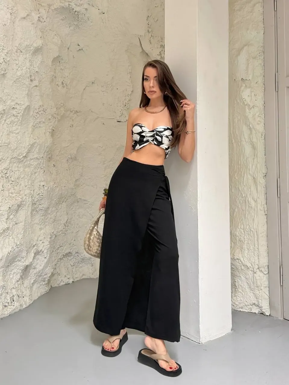 Viskon Keten Bağlama Detay Pantalon Siyah