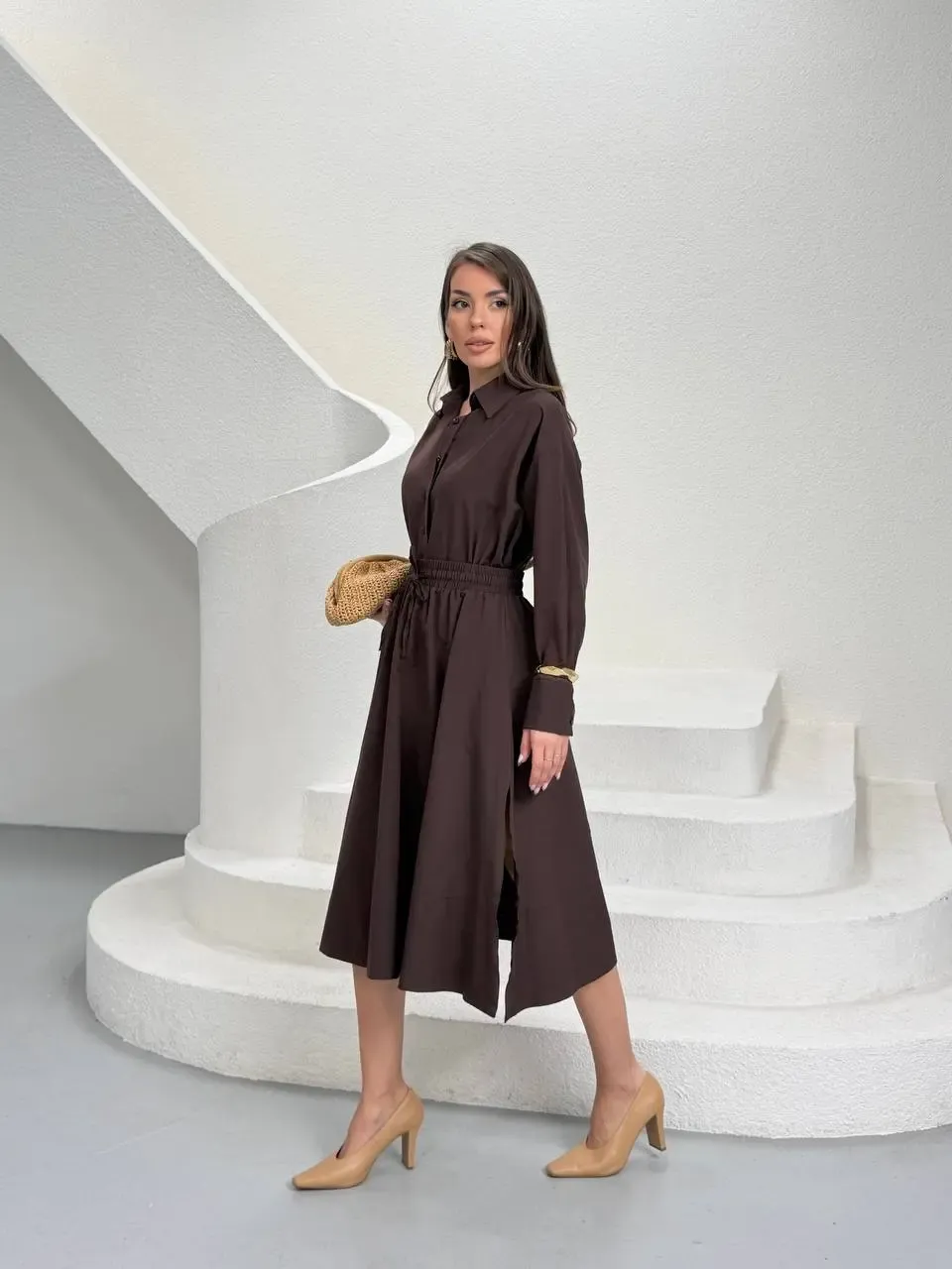 Yırtmaç Detay Etek ve Gömlek Alt Üst Takım Kahve