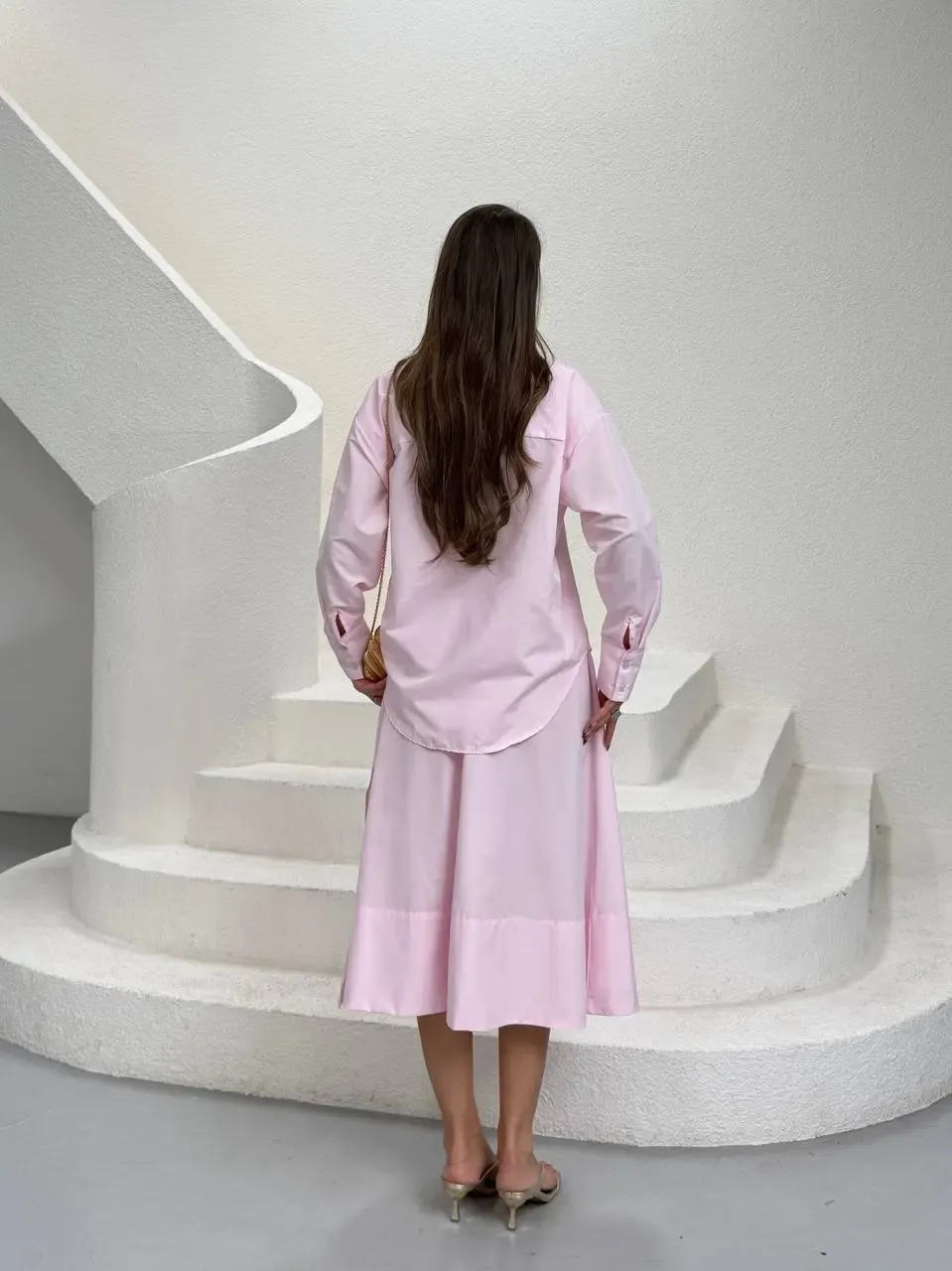 Yırtmaç Detay Etek ve Gömlek Alt Üst Takım Pembe