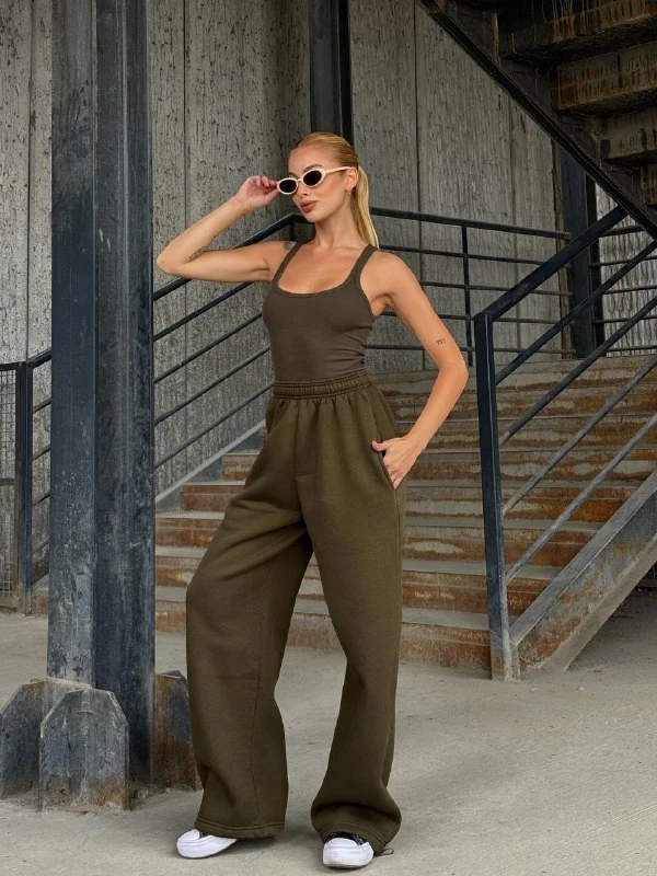 Yüsek Bel Cepli Paça Detay Haki Eşofman Altı