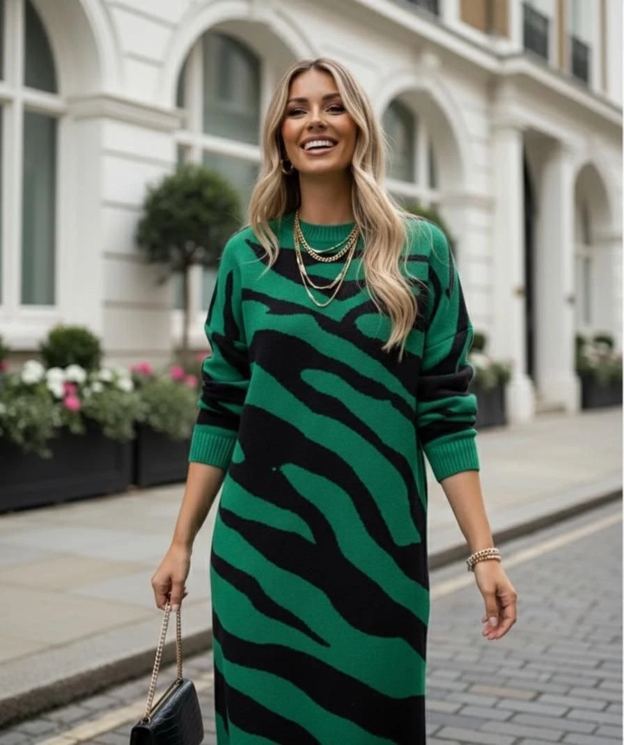 Zebra Desen Triko Elbise