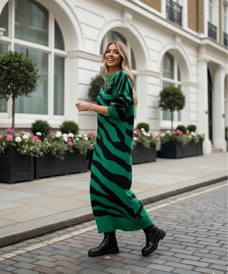 Zebra Desen Triko Elbise