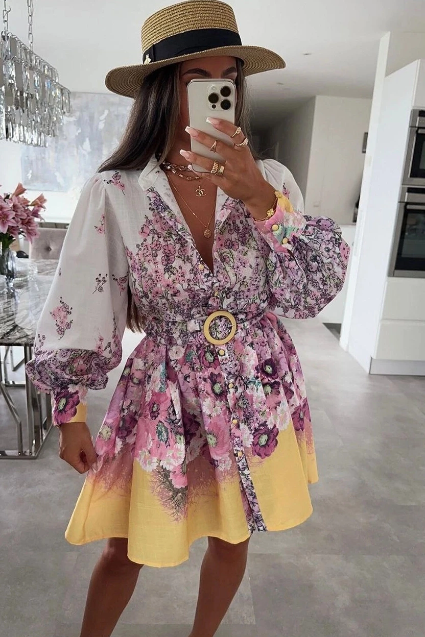 Zimmerman Desen Hakim Yaka Elbise İthal Atlas Kumas