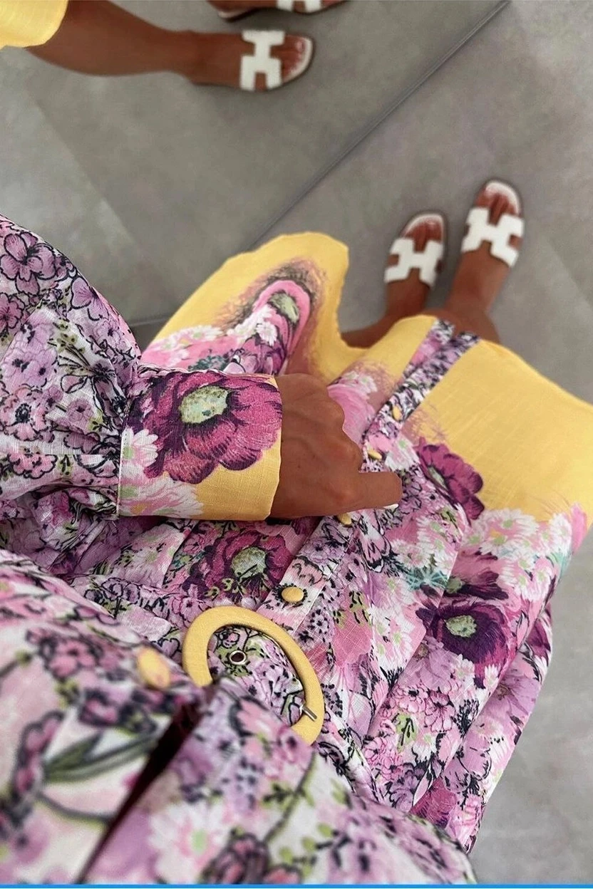 Zimmerman Desen Hakim Yaka Elbise İthal Atlas Kumas