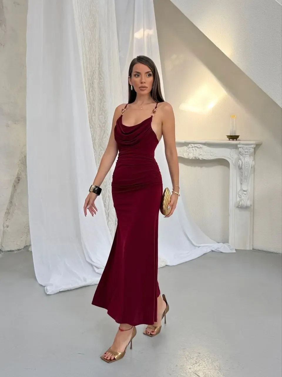 Aksesuar Detay Drape Elbise Bordo