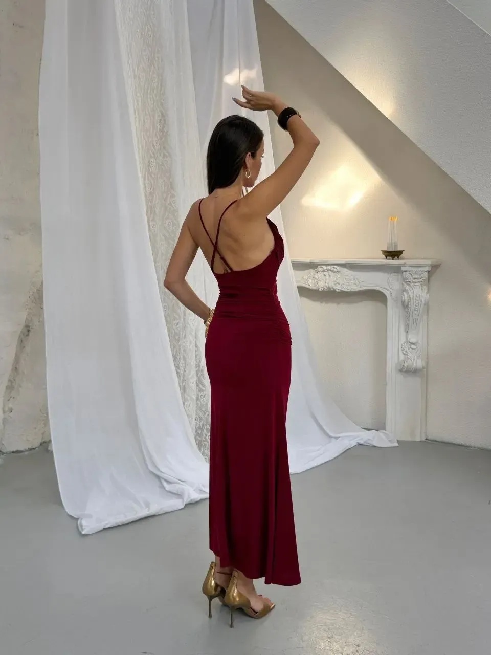 Aksesuar Detay Drape Elbise Bordo