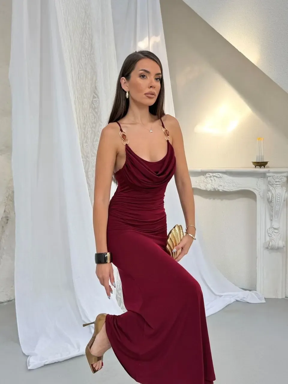 Aksesuar Detay Drape Elbise Bordo