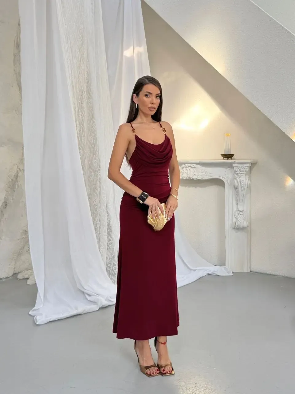 Aksesuar Detay Drape Elbise Bordo