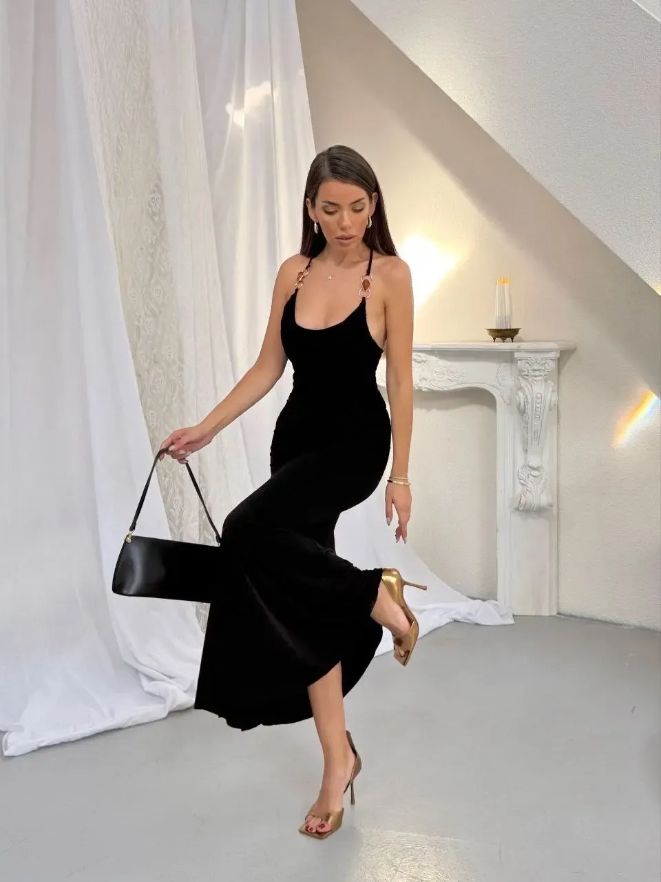 Aksesuar Detay Drape Elbise Siyah