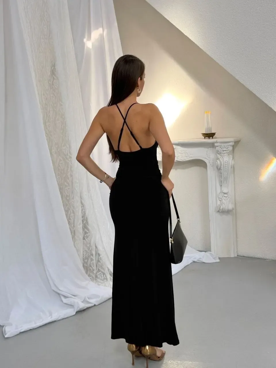 Aksesuar Detay Drape Elbise Siyah