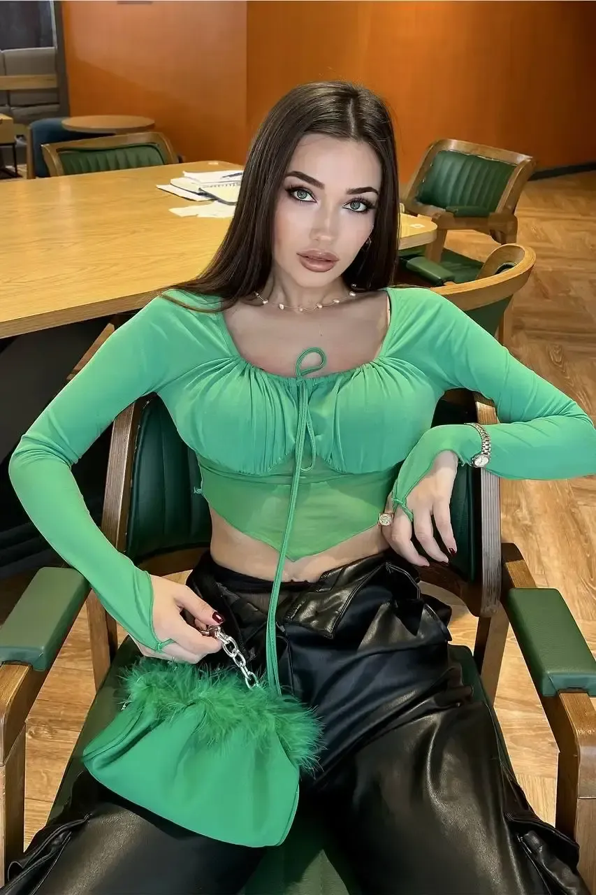 Asimetrik Kesim Crop Tül Bluz-sa228-ysl