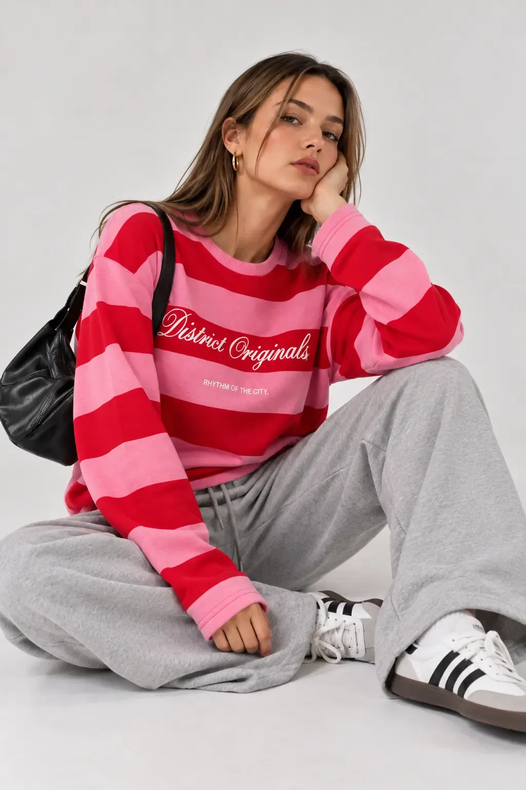 Baskılı Çizgili Bisiklet Yaka Sweatshirt