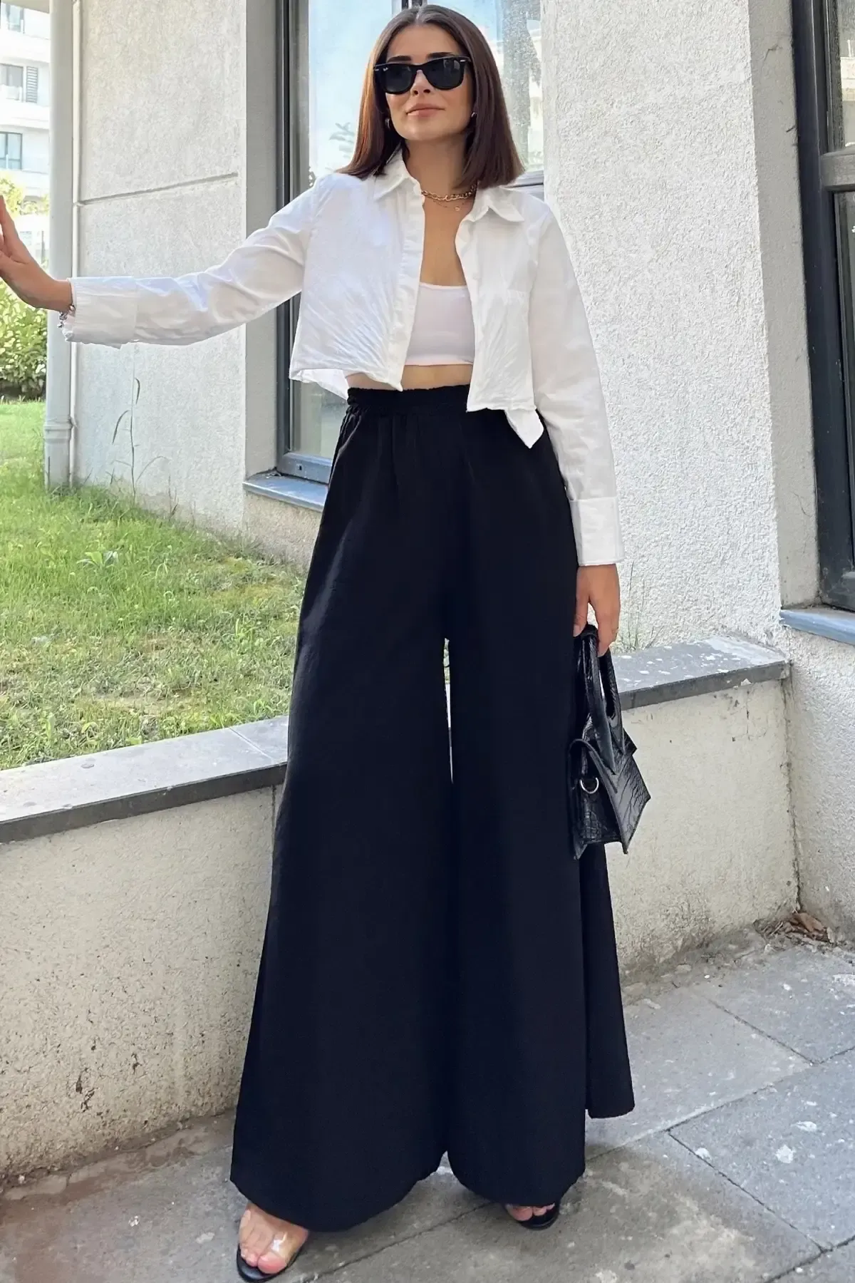 Beli Lastikli İspanyol Bol Paça Pantolon-3391Siyah