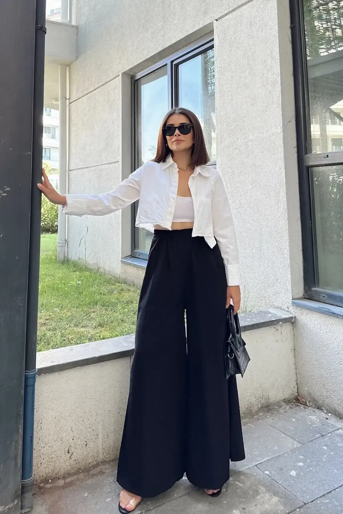 Beli Lastikli İspanyol Bol Paça Pantolon-3391Siyah