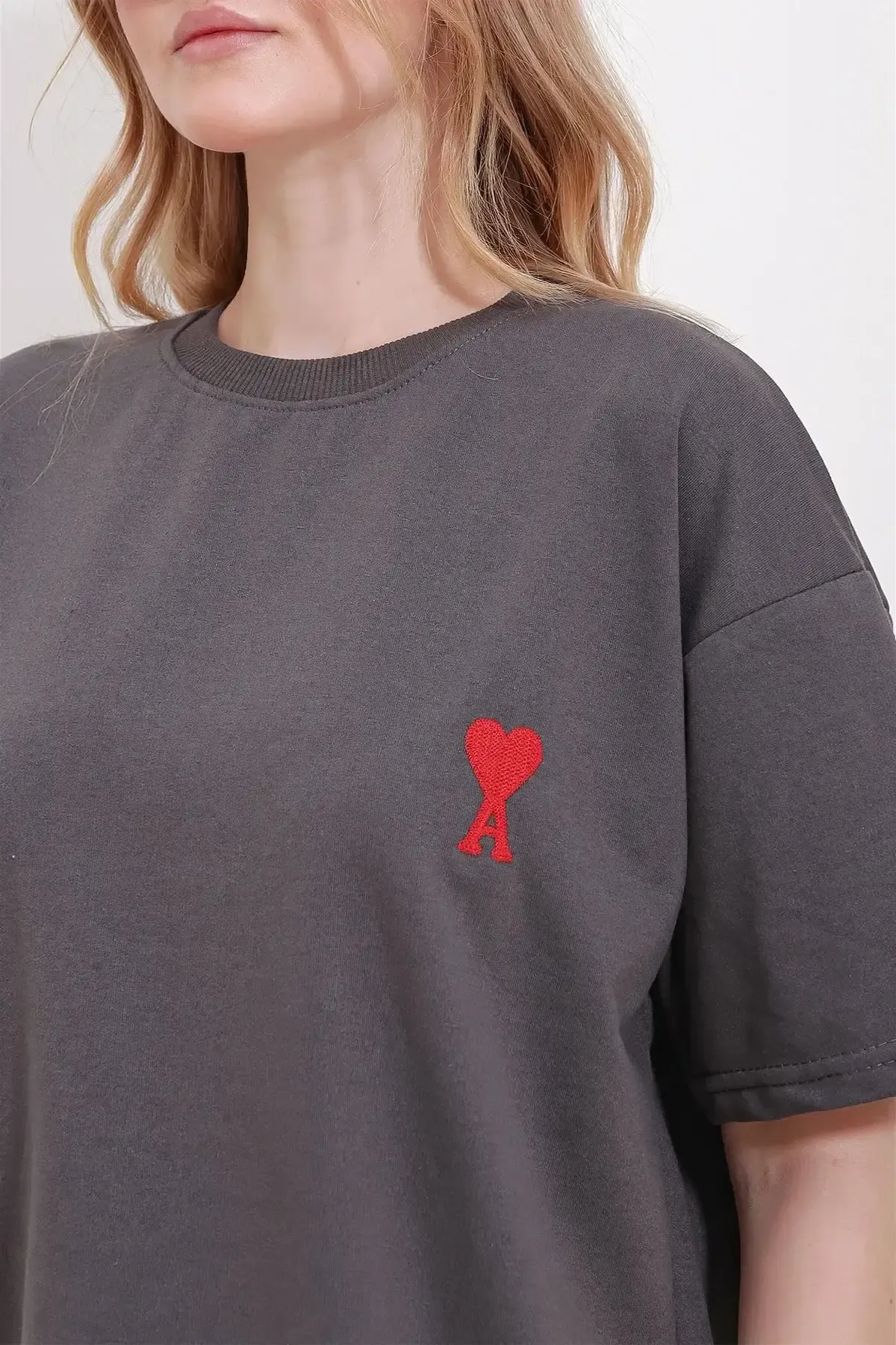 Bisiklet Yaka Nakış Detay Oversize T-Shirt-cln102-ant