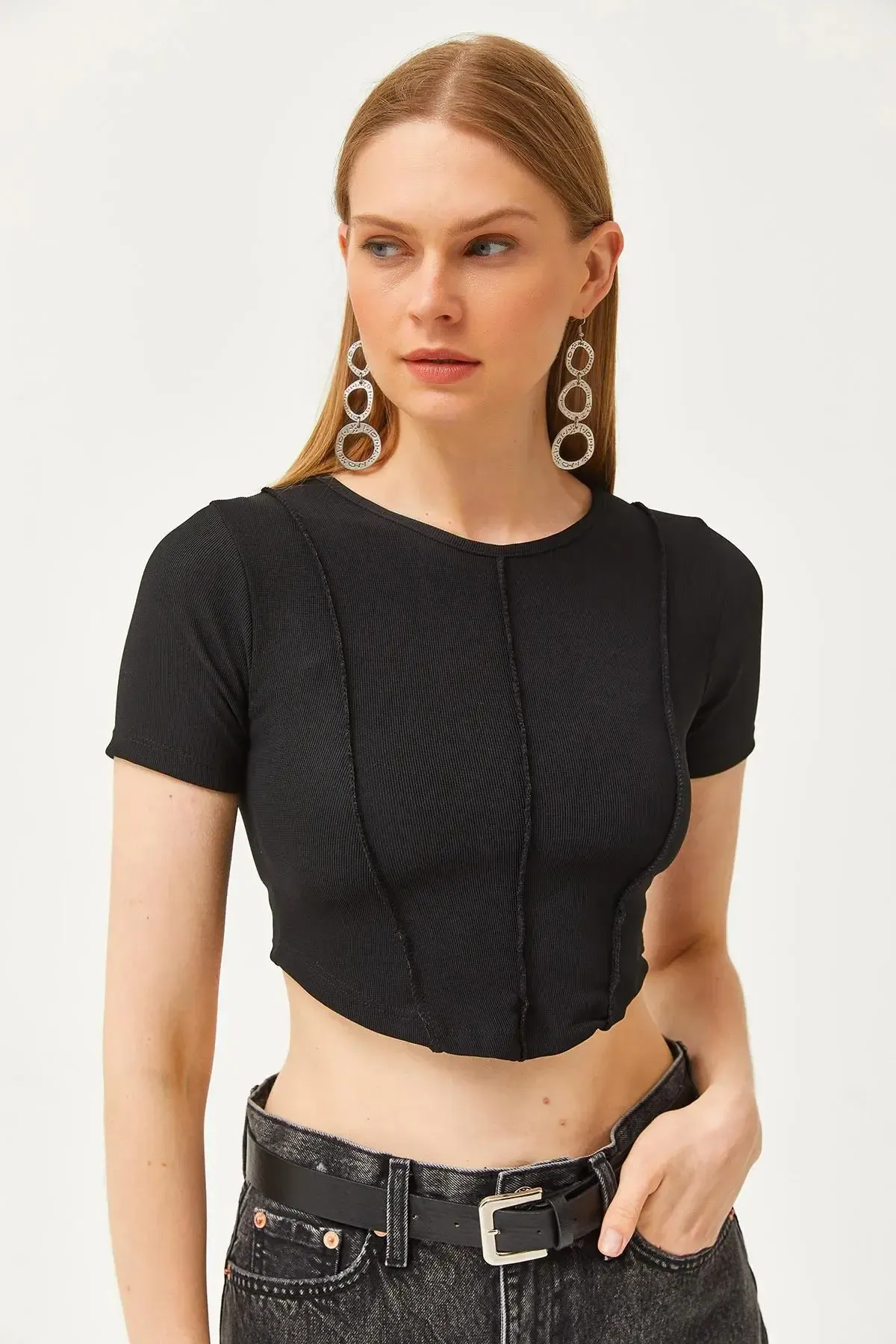 Bisiklet Yaka Parçalı Crop Ottoman Bluz-cln1040-syh