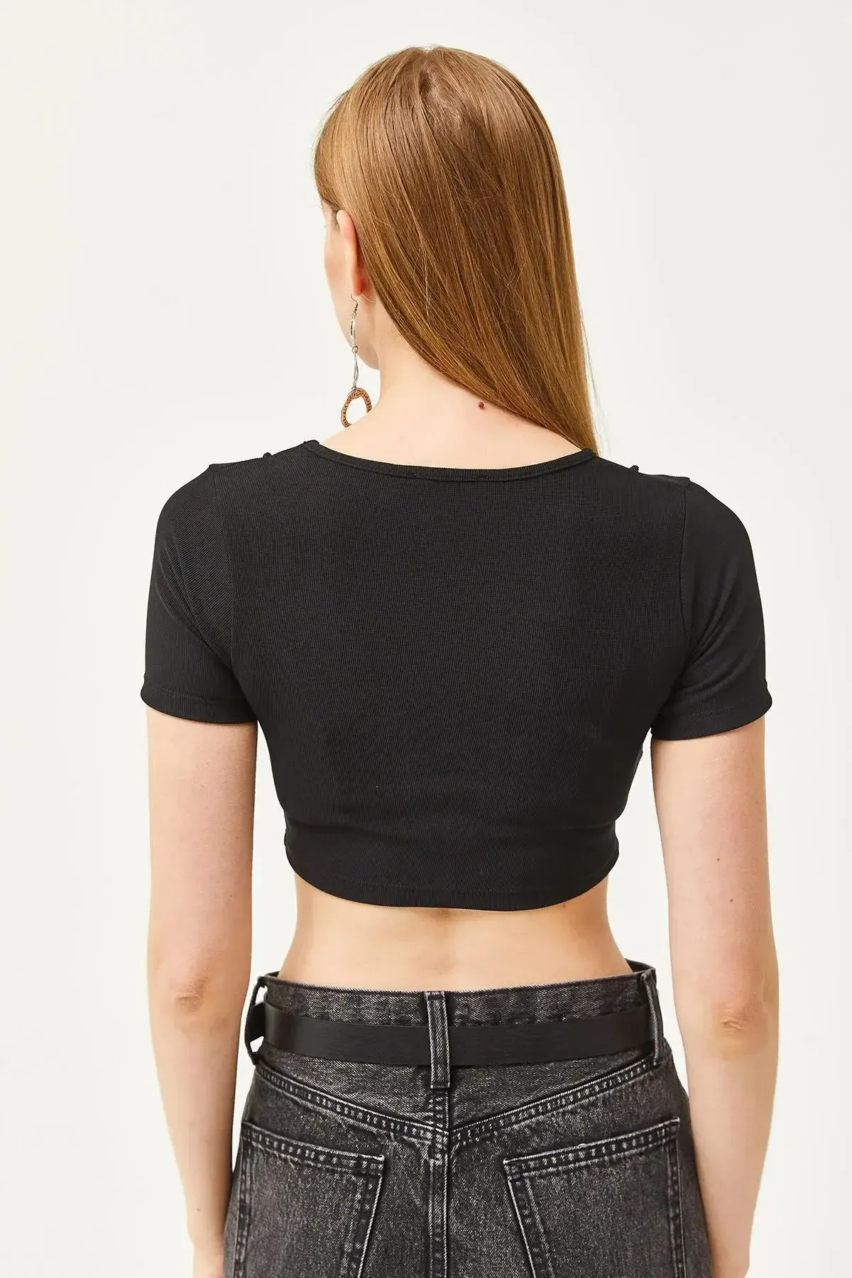 Bisiklet Yaka Parçalı Crop Ottoman Bluz-cln1040-syh