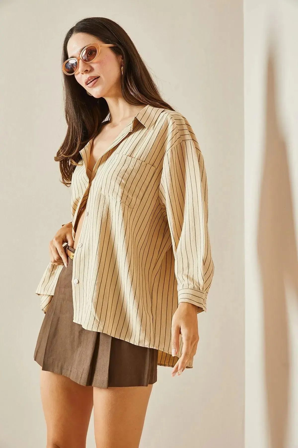 Cepli Çizgili Boyfriend Oversize Gömlek-cln1047-bj