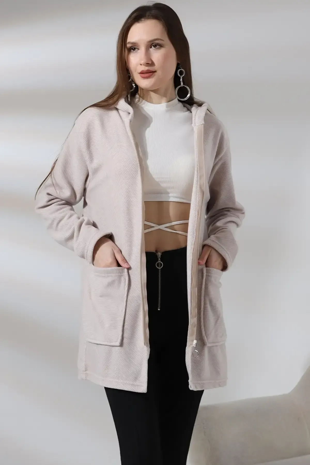 Çizgi Detay Polar Sweatshirt - Büyük Beden-nwcc-1002-krm