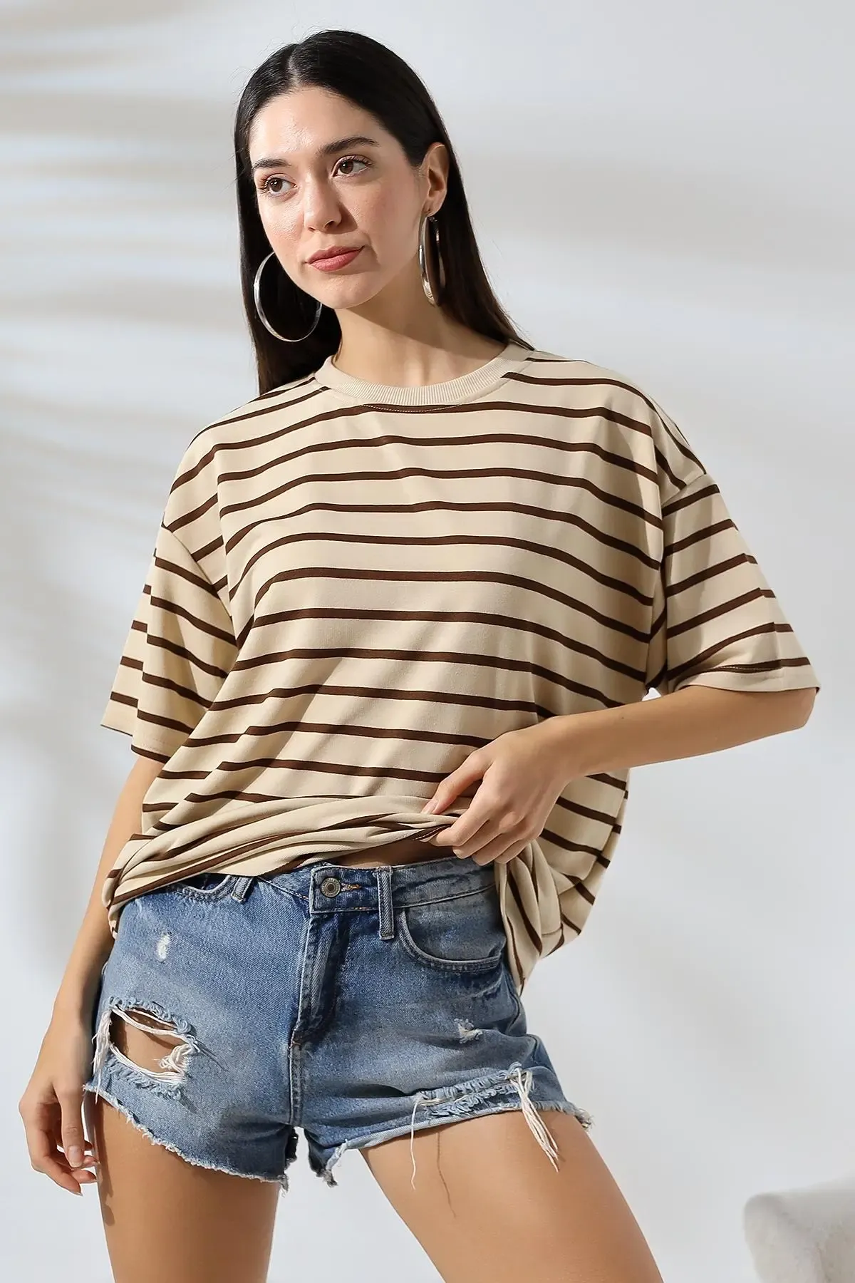 Çizgili Oversize T-Shirt-cln1013-khv