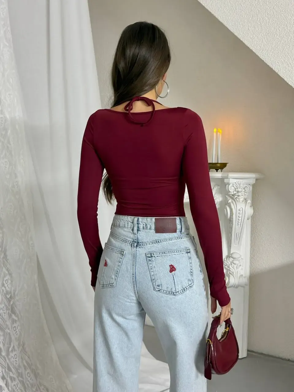 Dantel Detay Bodysuit Bordo