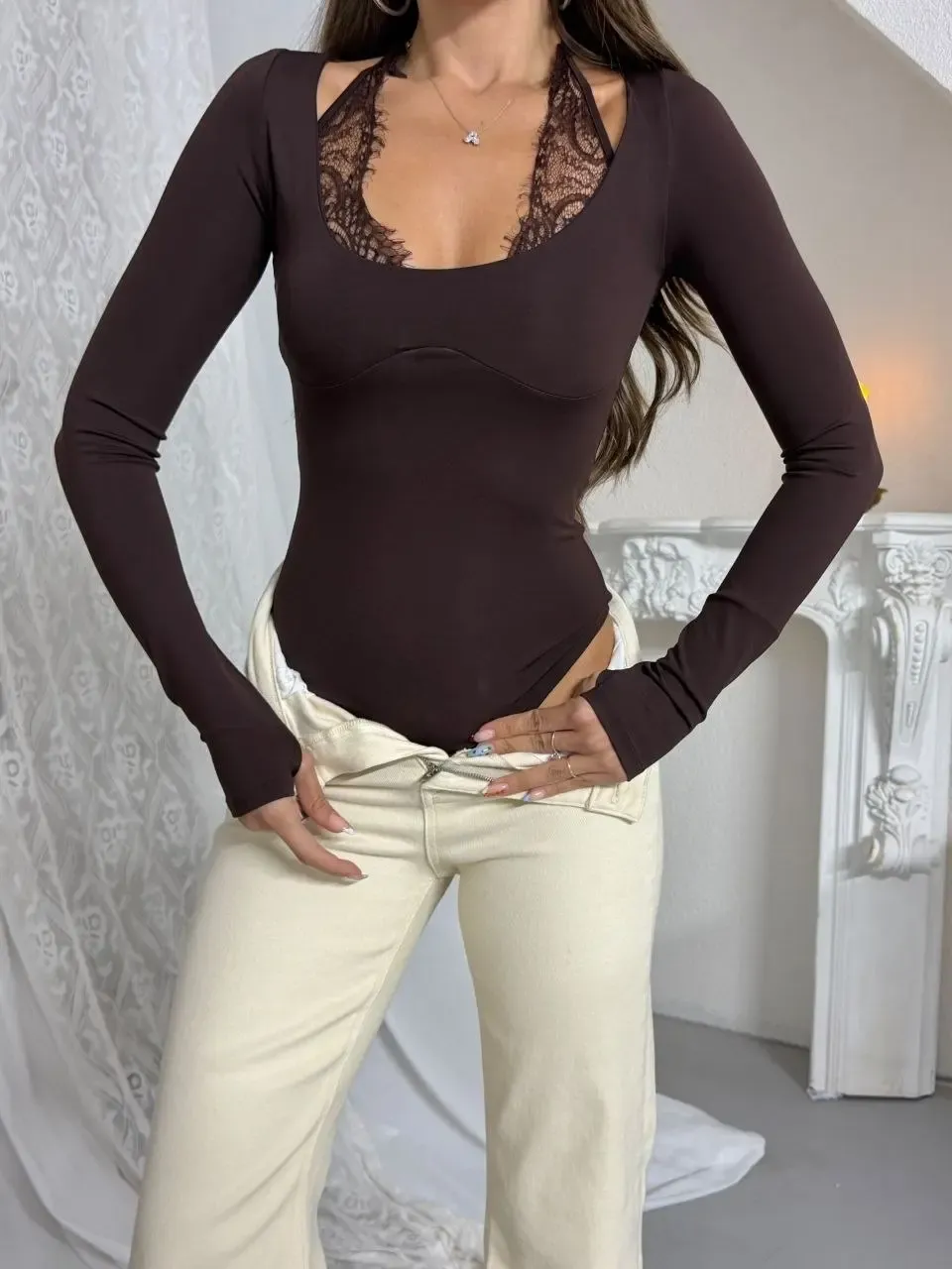 Dantel Detay Bodysuit Kahve