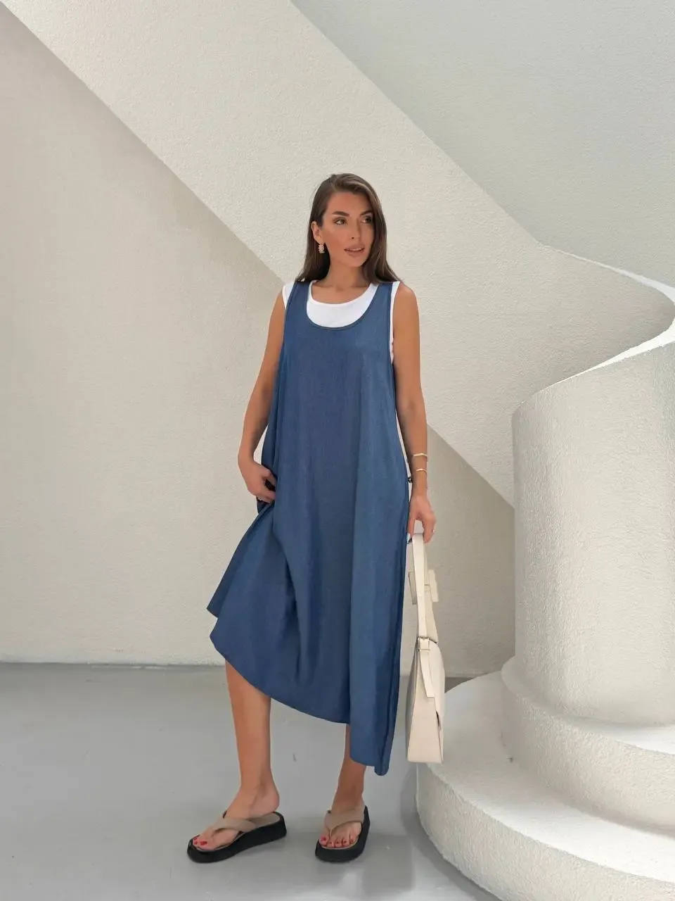 Denim Cepli Elbise ve Tshirt Mavi