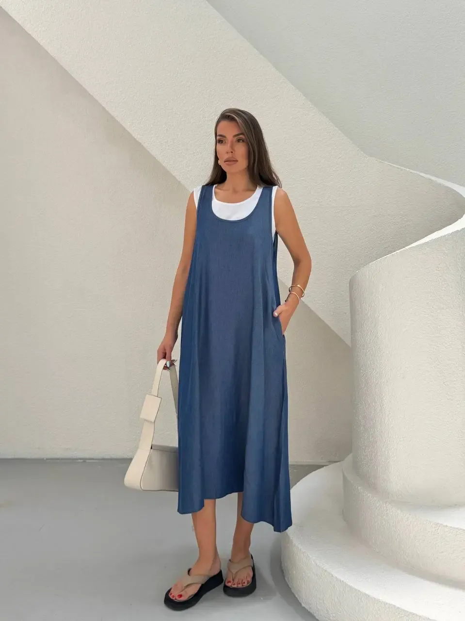 Denim Cepli Elbise ve Tshirt Mavi