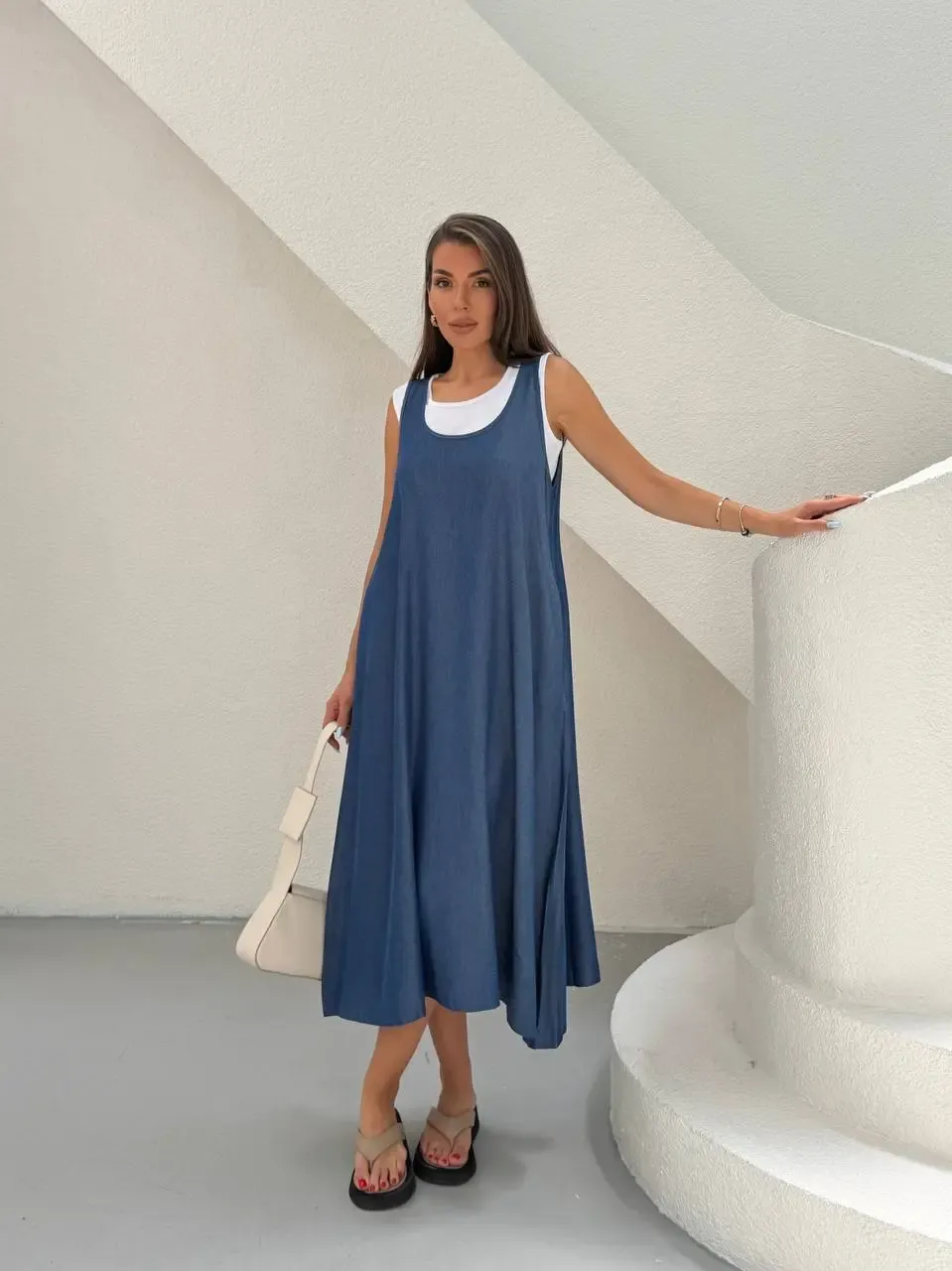 Denim Cepli Elbise ve Tshirt Mavi