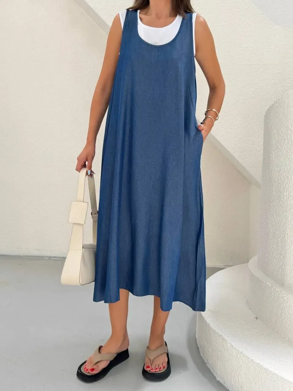 Denim Cepli Elbise ve Tshirt Mavi