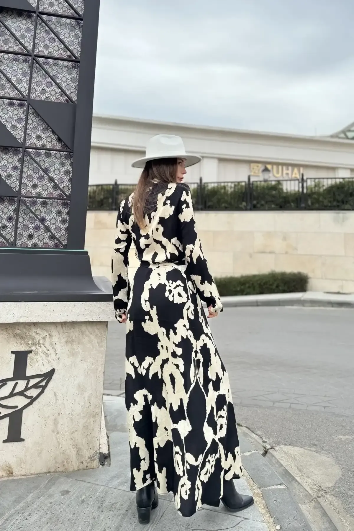 Desenli Uzun Gömlek Elbise-700-3413-syh