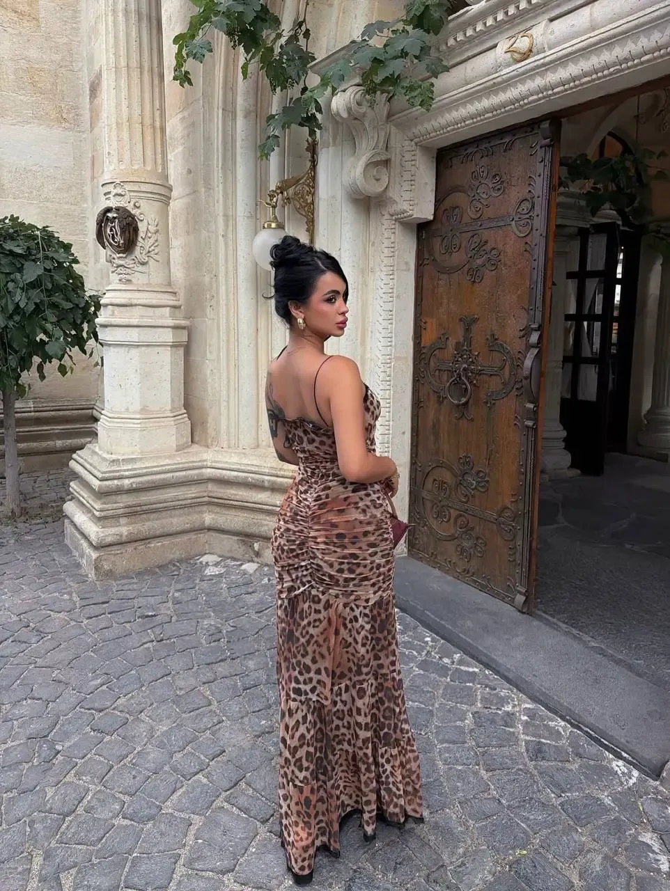 Dijital Baskılı Likralı Güpür Detay Maxi Elbise Leopar