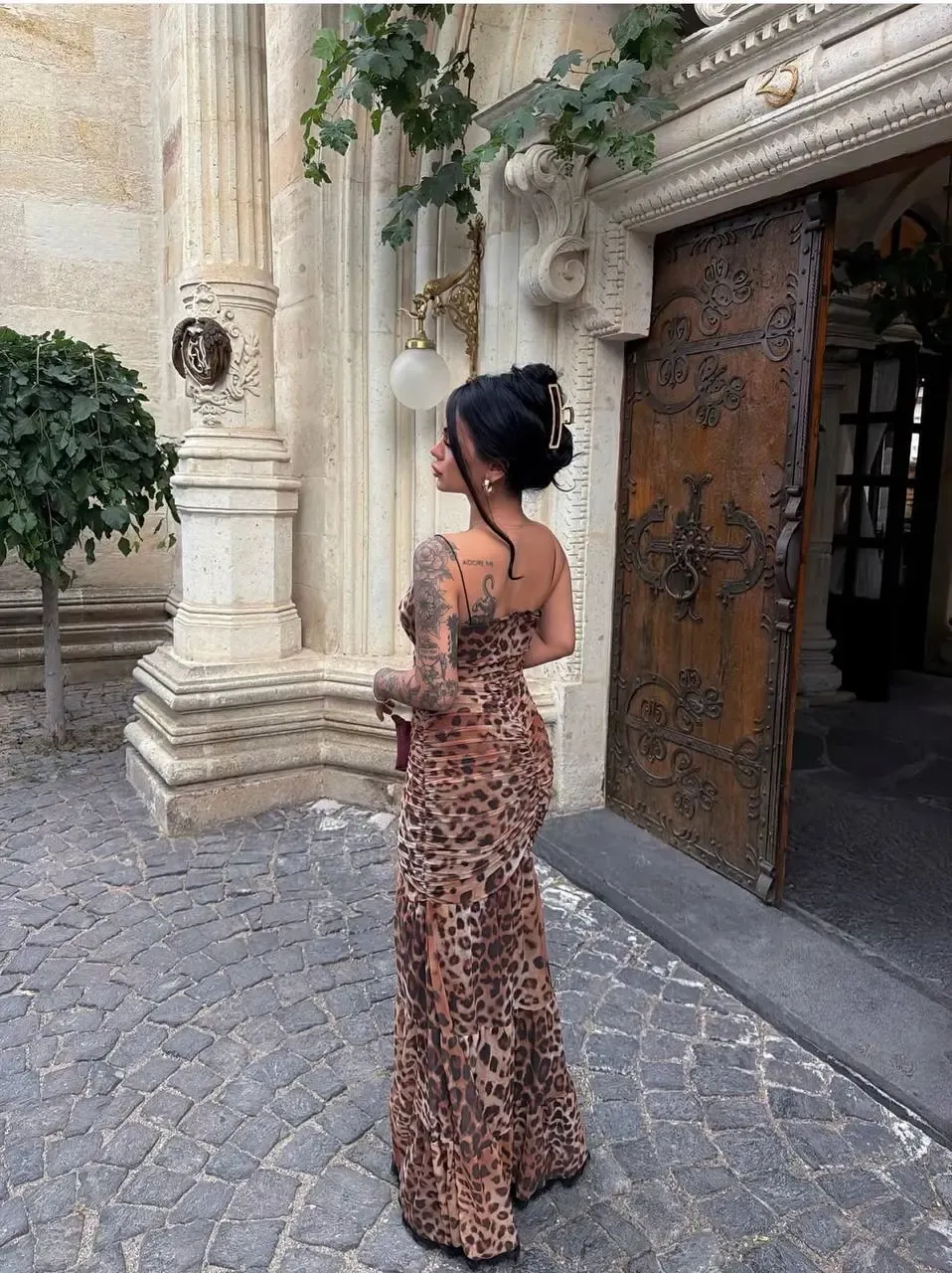 Dijital Baskılı Likralı Güpür Detay Maxi Elbise Leopar