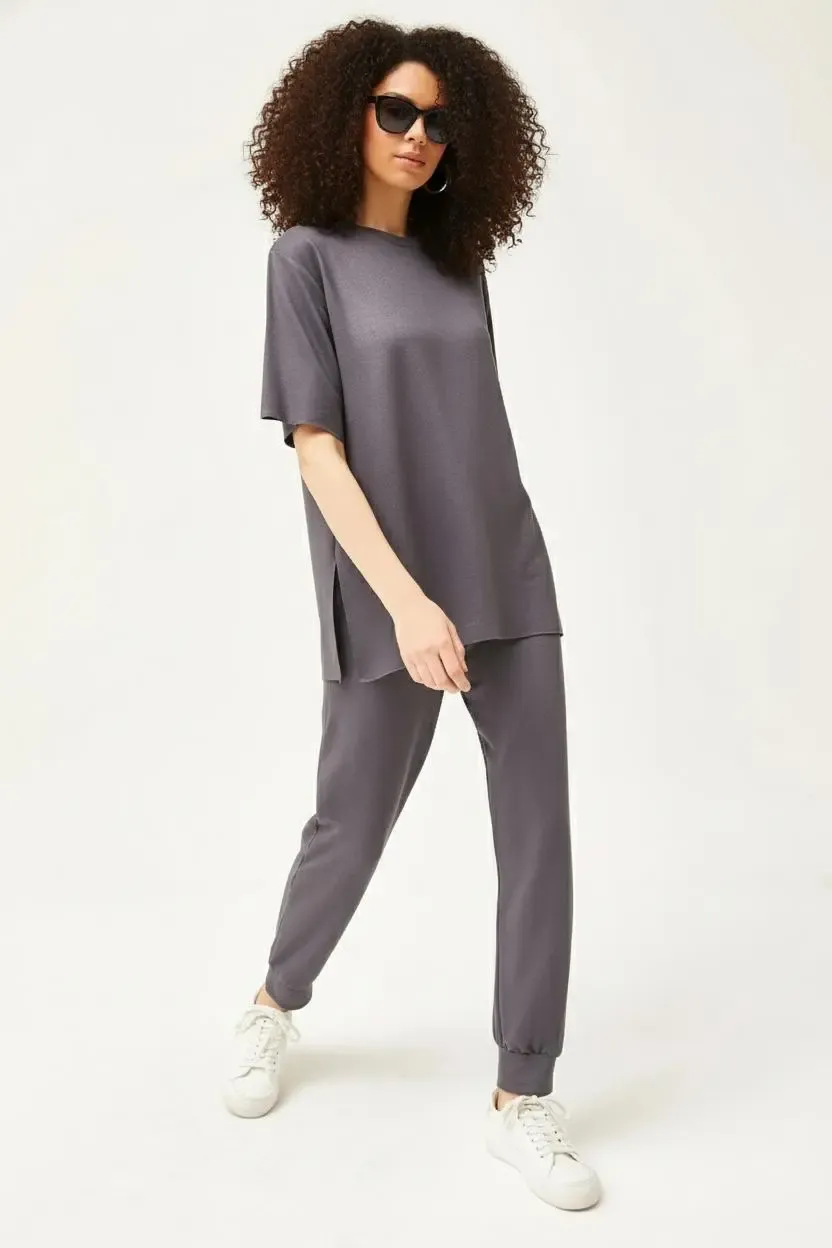 Dökümlü Modal Kumaş Alt Üst Takım-P00013258-gr