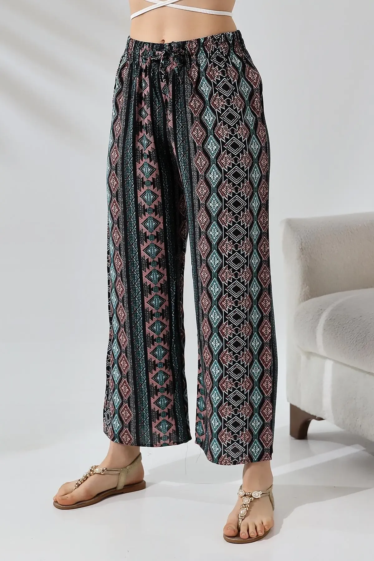 Etnik Desen Bol Paça Viskon Pantalon-cpnt9099-syh