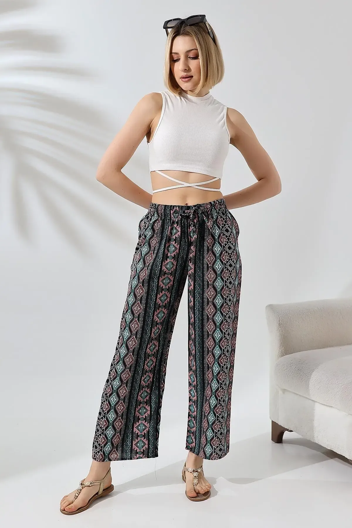 Etnik Desen Bol Paça Viskon Pantalon-cpnt9099-syh