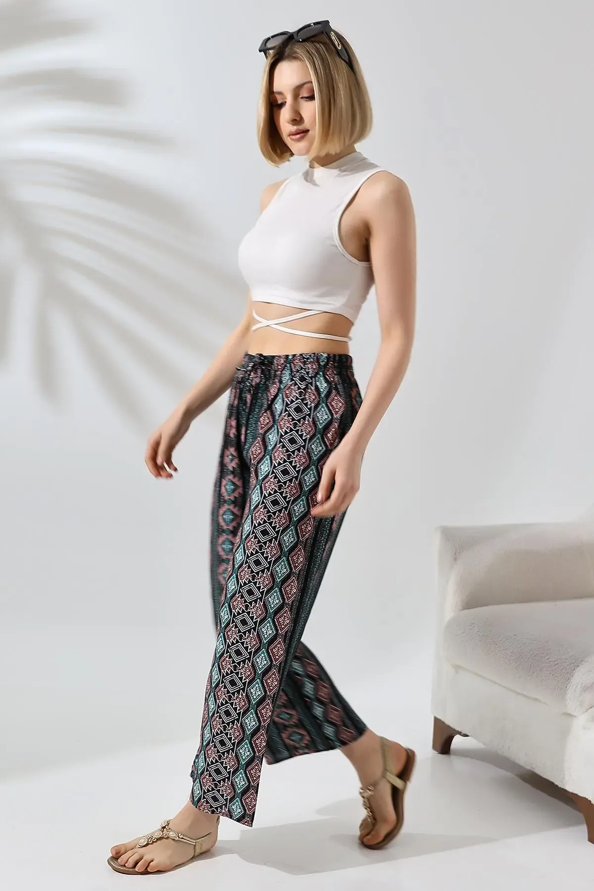 Etnik Desen Bol Paça Viskon Pantalon-cpnt9099-syh
