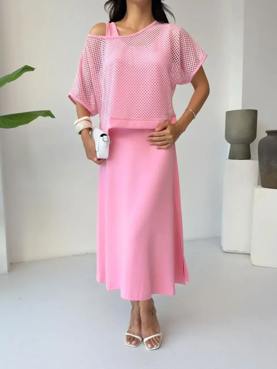 File Detaylı İkili Takım Elbise Pembe