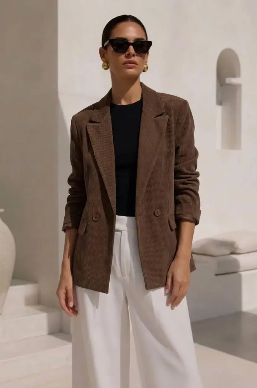 Fitilli Kadife Blazer Ceket Kahve